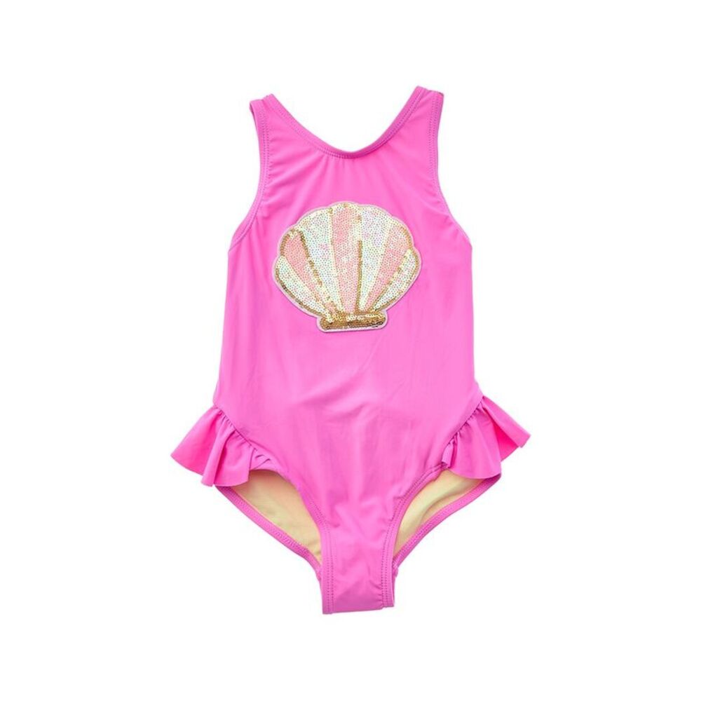 Beach Lingo Girls  Shell Sequin Patch Wrap Around Ruffle One-Piece, Pink